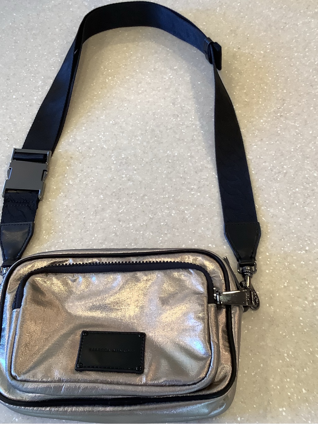 Rebecca Minkoff Metallic Gunmetal And Black Crossbody Bag Adjustable Black Strap